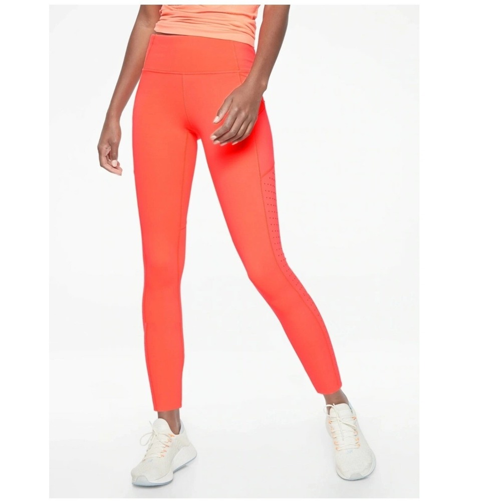 Athleta Contender Leggings‎ S Neon Orange High Rise Laser Cut 7/8